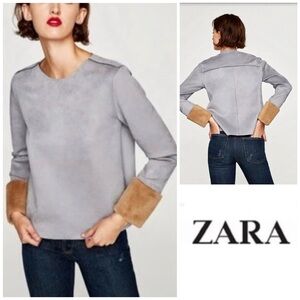 ZARA Gray Faux Suede Long Sleeve Beige Faux Fur Cuff Sleeves Trendy Top Sz L